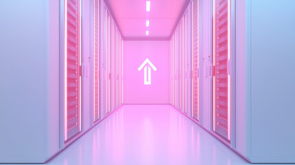 Poster - modern 3D icon of data center hallway illuminated in pink light creates futuristic atmosphere. 3D icon for Advertising