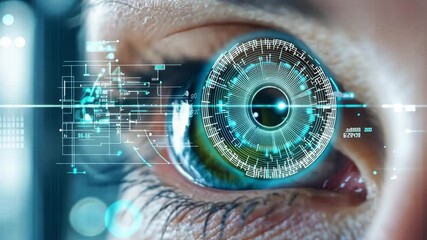 Poster - Close-Up of Human Eye with Digital Interface, High-Tech Visuals and Futuristic Elements, Technology Concept and Biometric Security Imagery