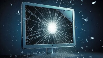 Poster - Broken Computer Monitor with Shattered Glass and Radiating Light Effect on Dark Background, Symbolizing Technology Failure and Frustration