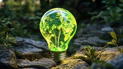 Poster - Vibrant Eco-Friendly Light Bulb Surrounded by Lush Greenery and Rocks, Symbolizing Sustainability and Nature Conservation for Renewable Energy Projects