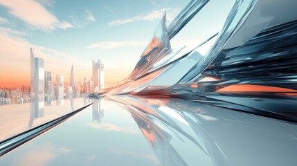 Aufkleber - Futuristic city skyline reflected in a sleek, metallic structure at sunset.