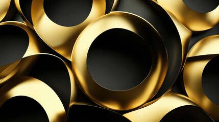 Poster - Abstract composition of intertwined golden and black circular shapes creating a modern artistic display