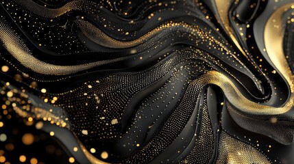 Poster - Abstract swirling black and gold texture with shimmering particles creating a luxurious background effect