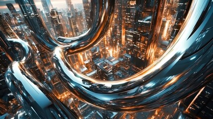 Leinwandbilder - Futuristic city skyline viewed through reflective metallic tubes at night.