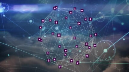 Poster - Animation of social media icons connected by lines over abstract background