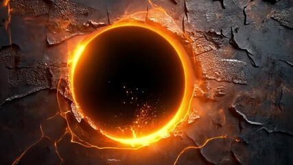Poster - dark void with fiery edge and cracked textured surface in background, evoking mystery, danger, and i