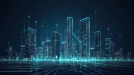Aufkleber - Futuristic cityscape at night, digital network connections.