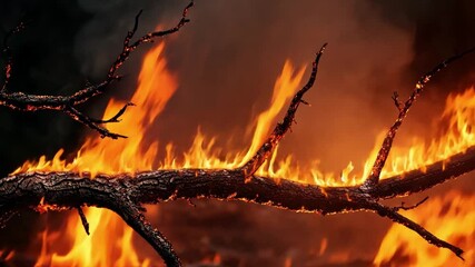 Poster - Dramatic Close-Up of a Burning Branch Surrounded by Intense Flames and Charred Wood in a Fiery Wildfire Setting
