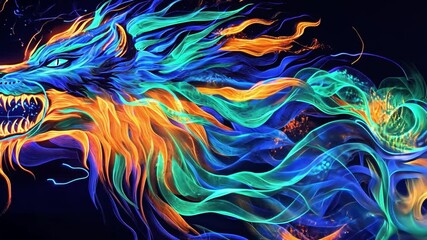 Poster - vivid abstract illustration of a fierce blue and orange lion head with flowing flames and dynamic li