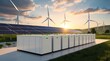 © Here you are! - Renewable energy system with solar panels, wind turbines, and battery storage in a scenic landscape. Sustainable power generation with modern clean energy technology for a greener future