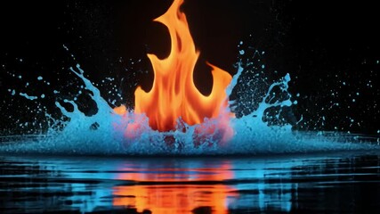 Poster - vibrant flame emanating from water surface, bright orange fire against dark background with splashin