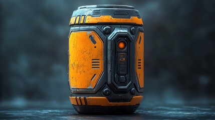 Poster - Futuristic orange and gray cylindrical container with wear and tear, isolated on dark background.