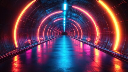 Poster - Futuristic neon-lit tunnel with vibrant red and blue circular lights reflecting on a sleek floor.