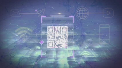 Poster - QR code scanning animation over digital network symbols and abstract background
