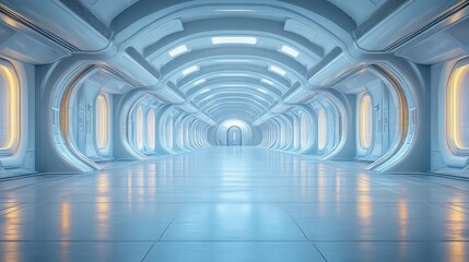 Poster - Futuristic white corridor with glowing lights and reflective floor.