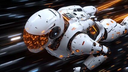 Poster - Futuristic white robot in fast motion, glowing orange energy.