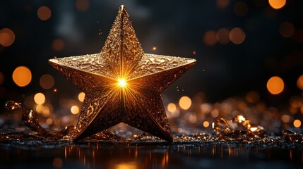 Poster - Glowing gold star ornament on dark background with bokeh lights and metallic ribbons.
