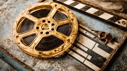 Poster - A close-up of a classic film reel and a clapperboard on a director's desk.