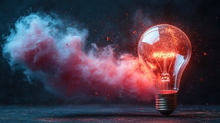 Aufkleber - Glowing lightbulb amidst red and blue smoke, sparks, and dark background.
