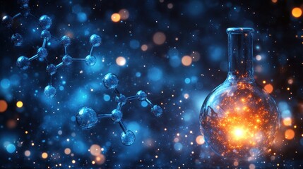 Aufkleber - Glowing molecules inside a glass flask against a dark blue bokeh background.