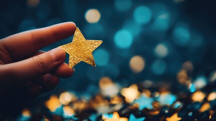 Poster - Close-up of a hand holding a glittery gold star against a blurred background of sparkling stars, evoking celebration