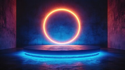 Fototapete - Glowing neon circle above a circular platform in a dark room.