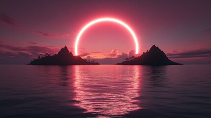 Poster - Glowing neon ring above tranquil ocean islands at sunset.