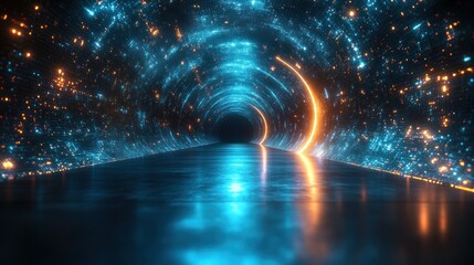 Aufkleber - Glowing neon tunnel with particles and reflections.