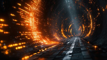 Fototapete - Glowing orange data streams in a dark, futuristic tunnel with a paved path leading to a bright light at the end.