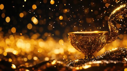 Poster - A shimmering golden chalice surrounded by sparkling particles and glittering background, evoking celebration and luxury
