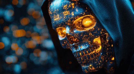 Poster - Glowing robotic skull in dark hood, digital art.