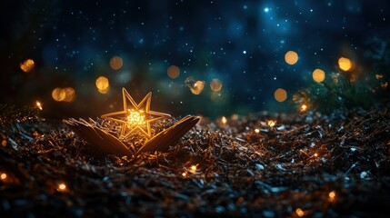 Poster - Glowing star nestled in pine needles at night, illuminated by fairy lights.