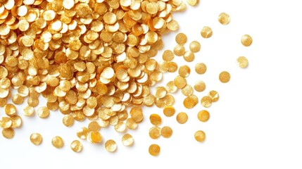 Poster - A vibrant pile of golden sequins scattered on a white surface, perfect for crafting and decoration projects