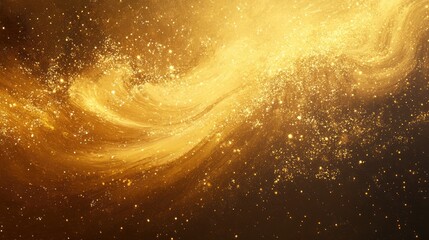 Poster - Golden cosmic swirl with sparkling stars and shimmering particles against a dark background, evoking a sense of wonder
