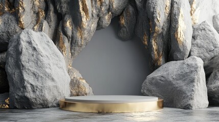 Poster - Elegant display platform surrounded by textured rocks with golden accents, set in a serene, minimalist environment