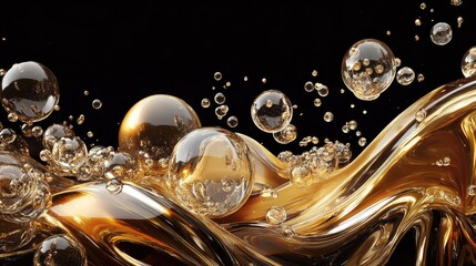 Poster - Abstract golden liquid with bubbles creating a dynamic flow, set against a dark background for artistic use