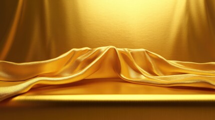 Poster - Luxurious golden fabric draped elegantly on a surface, creating a rich backdrop for photography or design