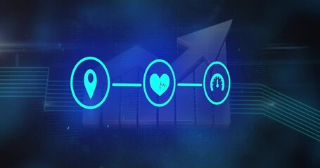 Poster - Animation of blue glowing icons connected by lines over bar graph background