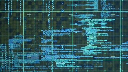 Poster - Digital code and data processing animation over complex grid background