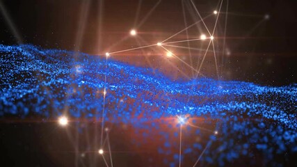 Poster - animation of blue particles forming wave pattern with glowing network in background