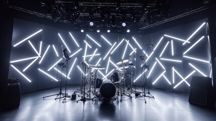 Poster - A minimalistic festival stage setup with geometric LED patterns and sleek, modern design.