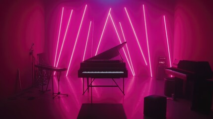 Poster - A minimalistic festival stage setup with geometric LED patterns and sleek, modern design.