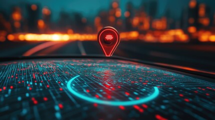 Poster - Futuristic cityscape at night with a glowing location pin on a digital dashboard, showcasing urban life and technology