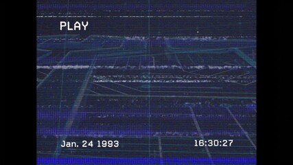 Poster - Animation of retro VHS screen with glitchy lines and PLAY text, date, and time