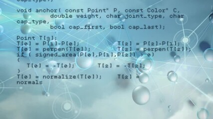 Poster - computer code with animation overlaying network and water droplets on blue background