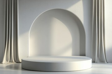 Fototapete - A minimalist white stage with elegant arch and curtains
