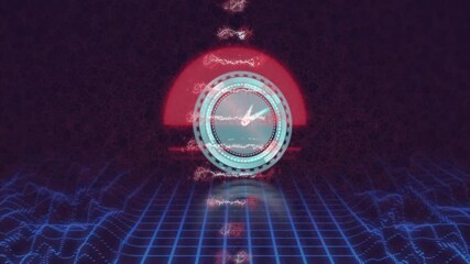 Poster - Futuristic digital clock animation over grid with glowing red and blue elements