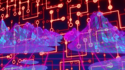 Poster - neon grid mountains and circuit patterns creating futuristic animation landscape