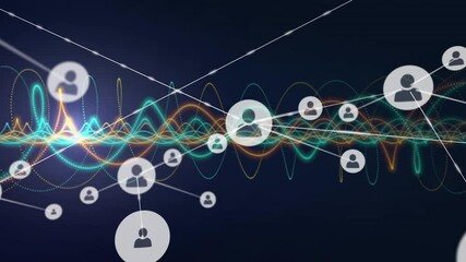 Poster - animation of connected user icons over colorful waveforms on dark background