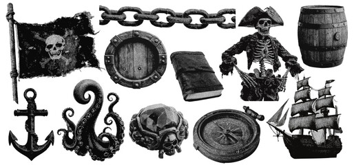 Wall Mural - Set of pirate halftone grunge vector design elements